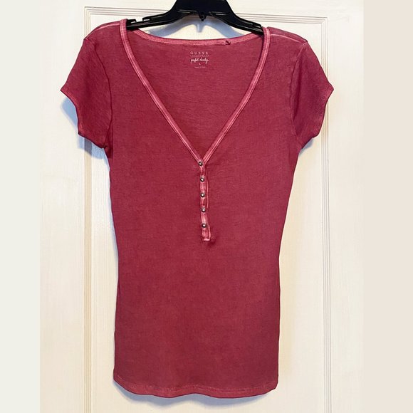 GUESS  Women's Perfect Henley, Sz L, Pink / Mauve Color, Ribbed, NWOT - Picture 1 of 8